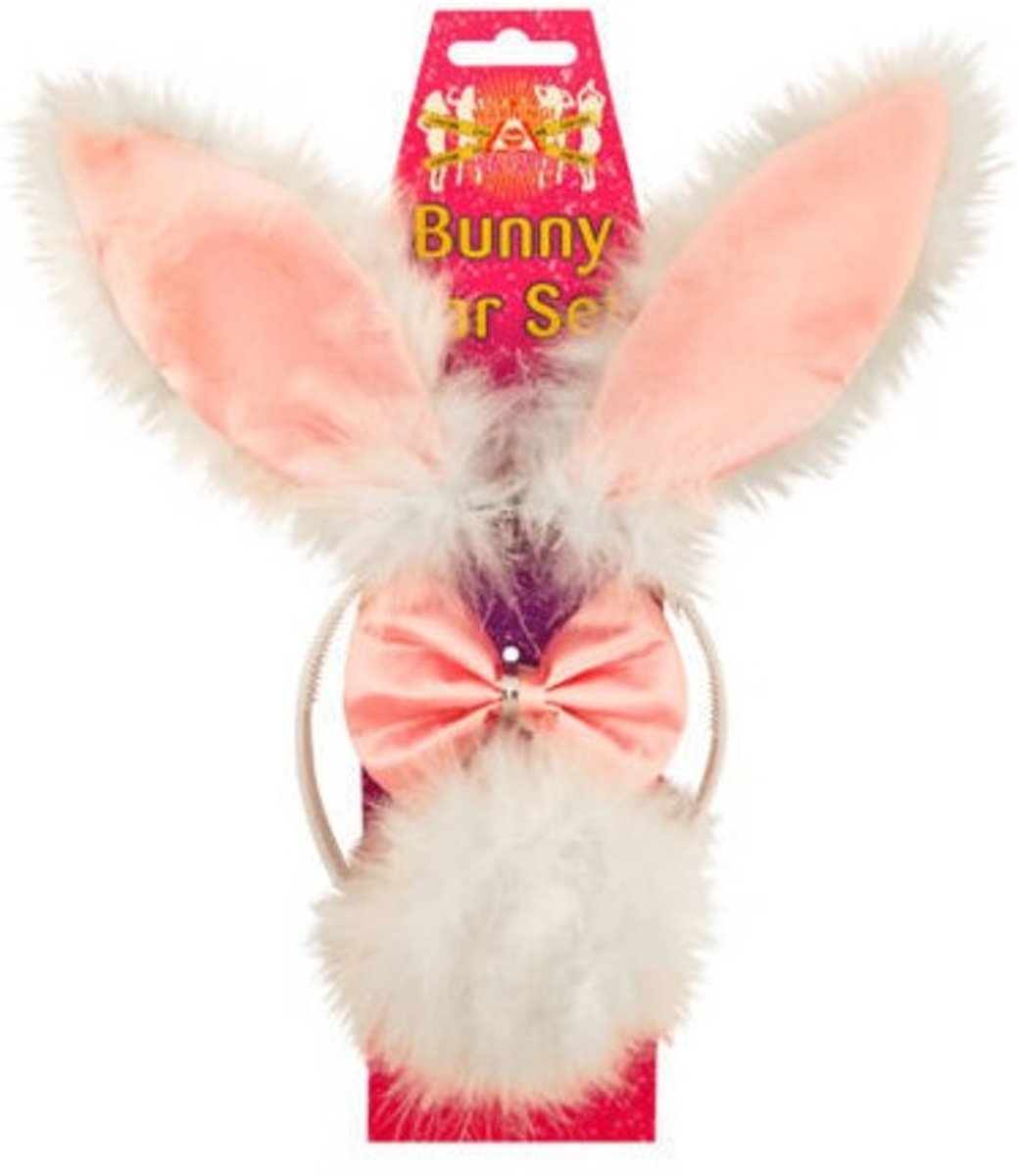 Bunnyset: Tiara, strikje en staartje (Pink/Wit) Bont